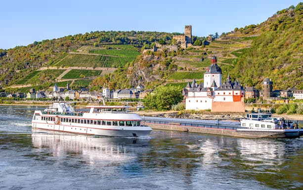 Pfalzgrafenstein Castle on Rhine River island, Germany, surrounded by water and lush greenery.