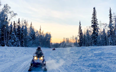 Snowmobiles on snowy trail through forest at sunset, Fairbanks, Alaska.