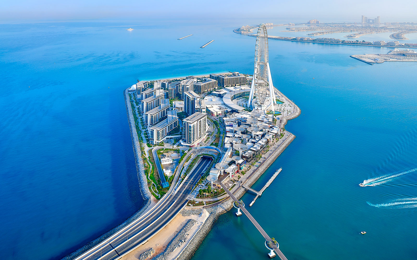 Aerial view of Bluewaters Island with Ain Dubai wheel and connecting road, Dubai.