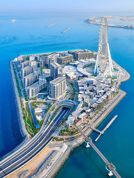 Aerial view of Bluewaters Island with Ain Dubai wheel and connecting road, Dubai.