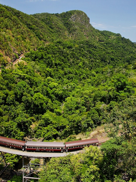 Aerial view of Kuranda Scenic Railway winding through lush green rainforest.