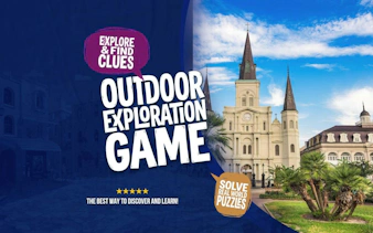 Outdoor exploration game poster with St. Louis Cathedral, New Orleans.