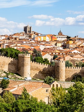 Ancient city walls and cathedral in Ávila, Spain.