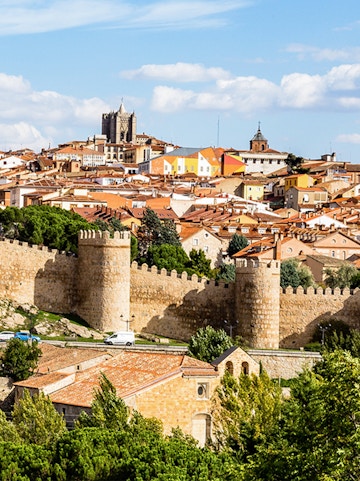 Ancient city walls and cathedral in Ávila, Spain.