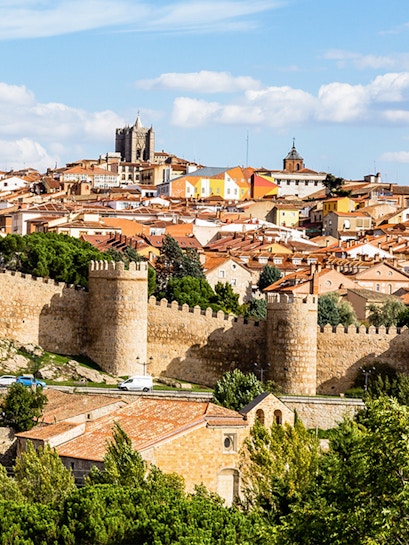 Ancient city walls and cathedral in Ávila, Spain.