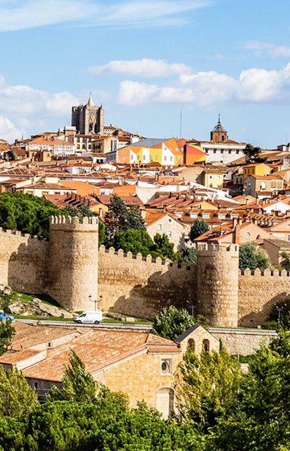 Ancient city walls and cathedral in Ávila, Spain.
