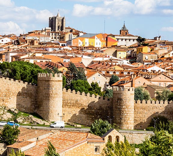 Ancient city walls and cathedral in Ávila, Spain.