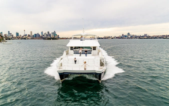 Cruise ship on Sydney Harbour with city skyline in the background.