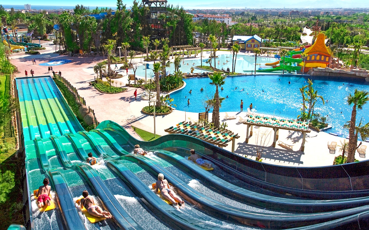 Water slides and pools at Costa Caribe Aquatic Park, Spain.
