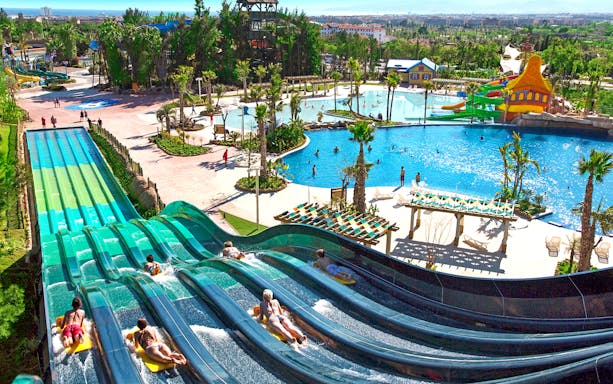 Water slides and pools at Costa Caribe Aquatic Park, Spain.
