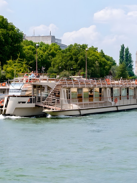 Seine River cruise boat near Notre-Dame Cathedral, Paris.