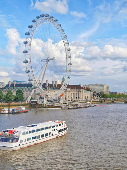 Cruise boat on River Thames with London Eye in the background, London.