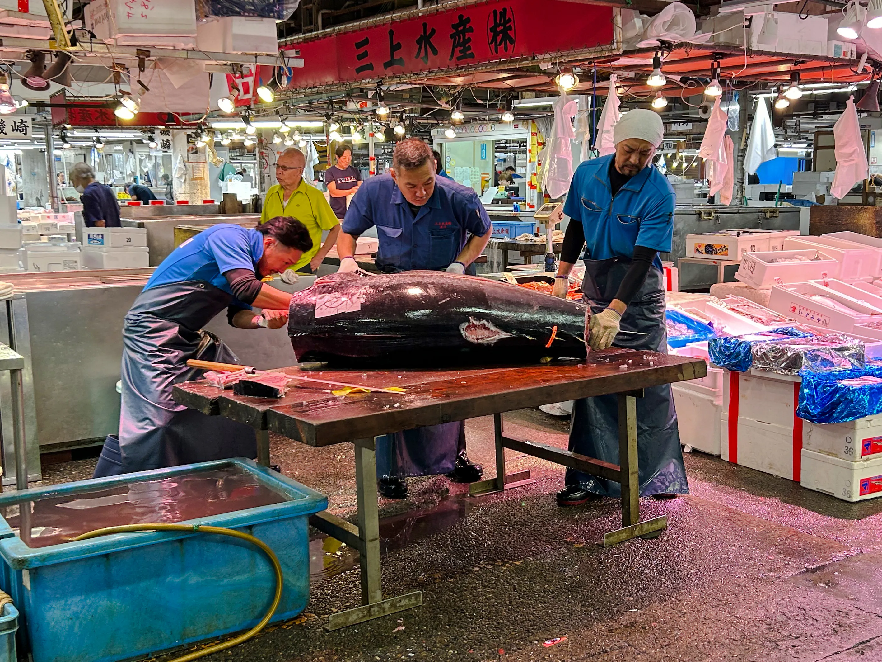 Workers preparing tuna at Adachi Fish Market, Tokyo.