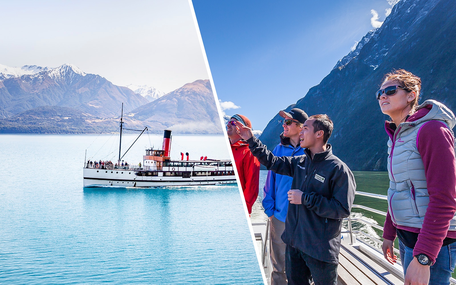 Steamboat on Lake Wakatipu with tourists enjoying scenic mountain views.
