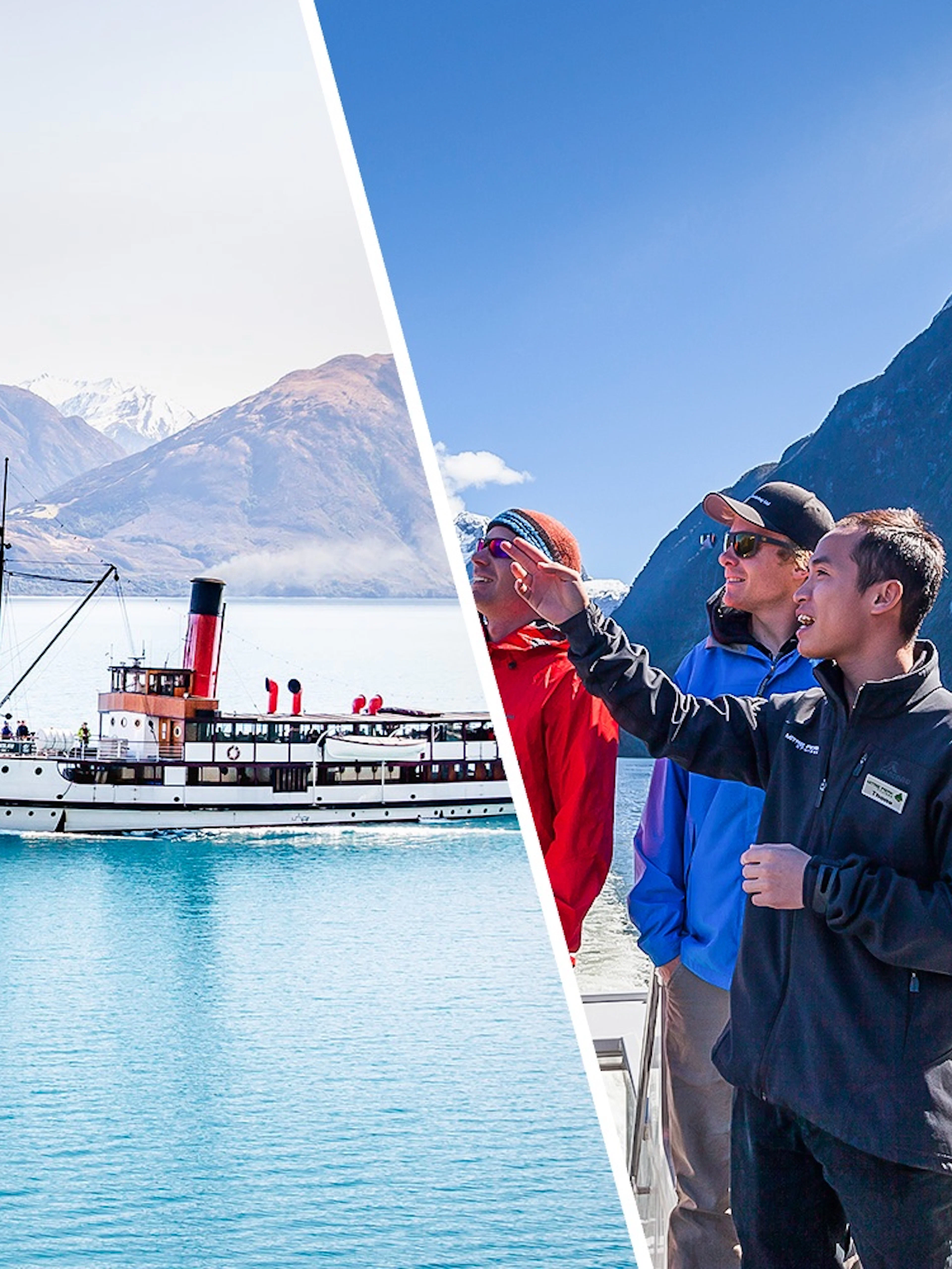 Steamboat on Lake Wakatipu with tourists enjoying scenic mountain views.
