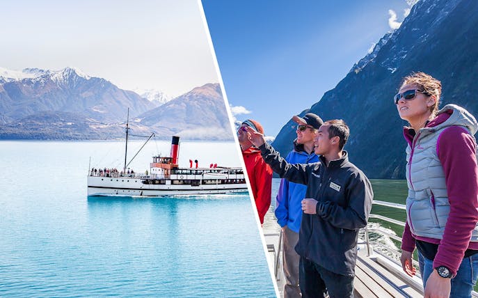 Steamboat on Lake Wakatipu with tourists enjoying scenic mountain views.