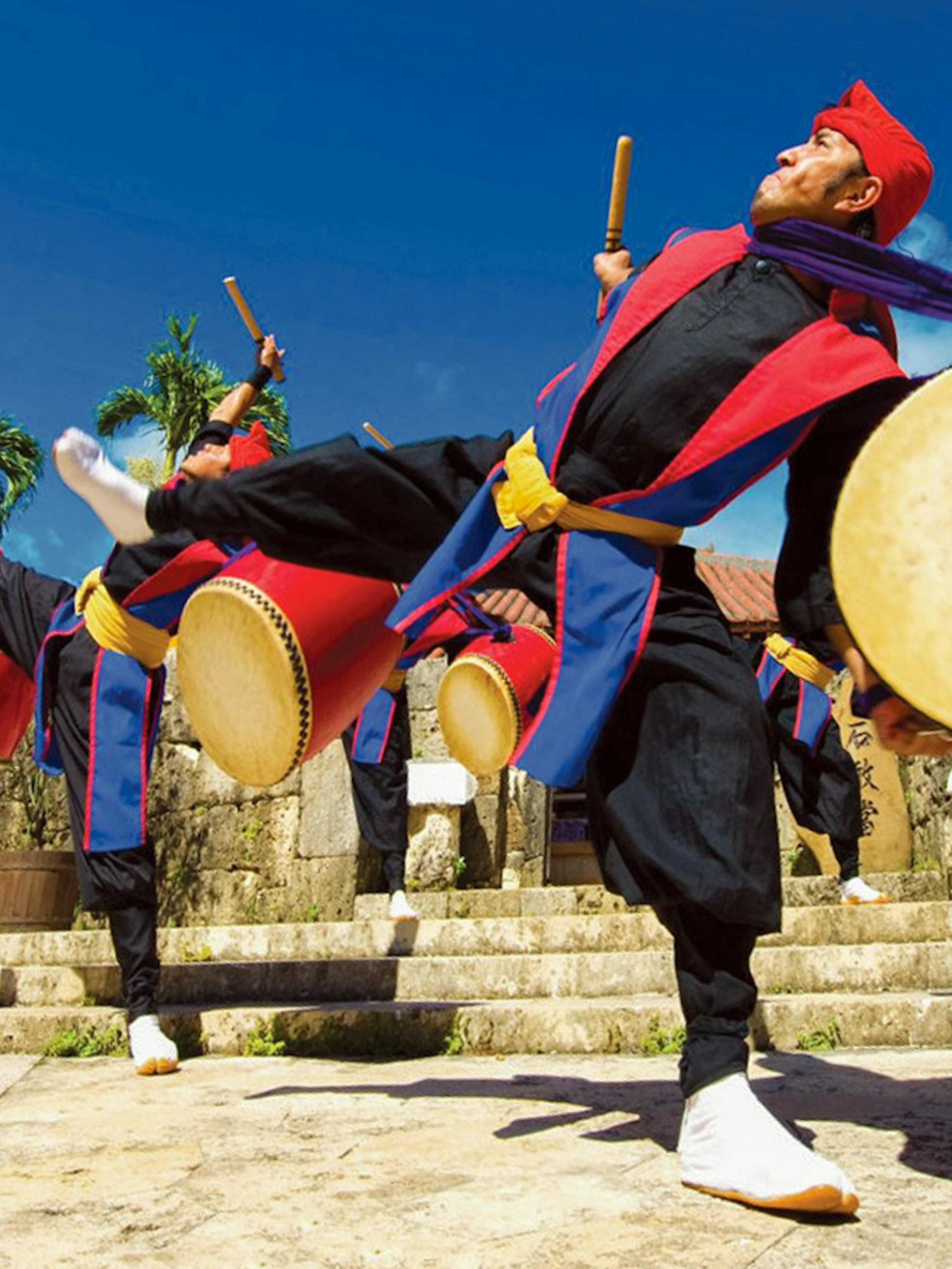 Traditional Eisa drummers performing at Okinawa World, Japan.