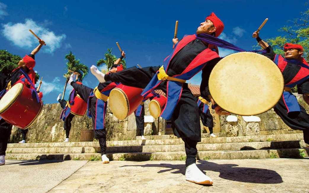 Traditional Eisa drummers performing at Okinawa World, Japan.