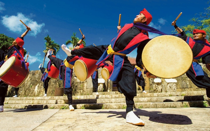 Traditional Eisa drummers performing at Okinawa World, Japan.