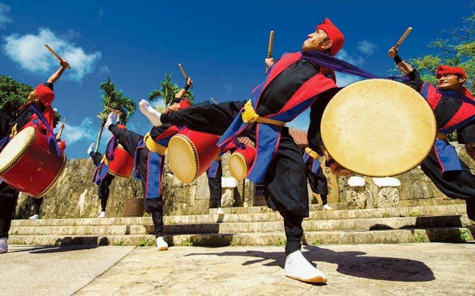 Traditional Eisa drummers performing at Okinawa World, Japan.