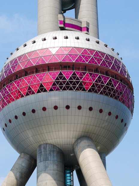 Middle sphere of the Oriental Pearl Tower in Shanghai with geometric design.