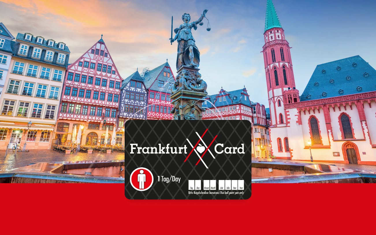 Römerberg square in Frankfurt with historic buildings and Justice Fountain at sunset.