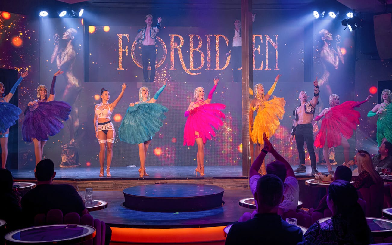 Performers on stage at The Forbidden Show, The Pink Flamingo, Gold Coast, with vibrant costumes and audience.