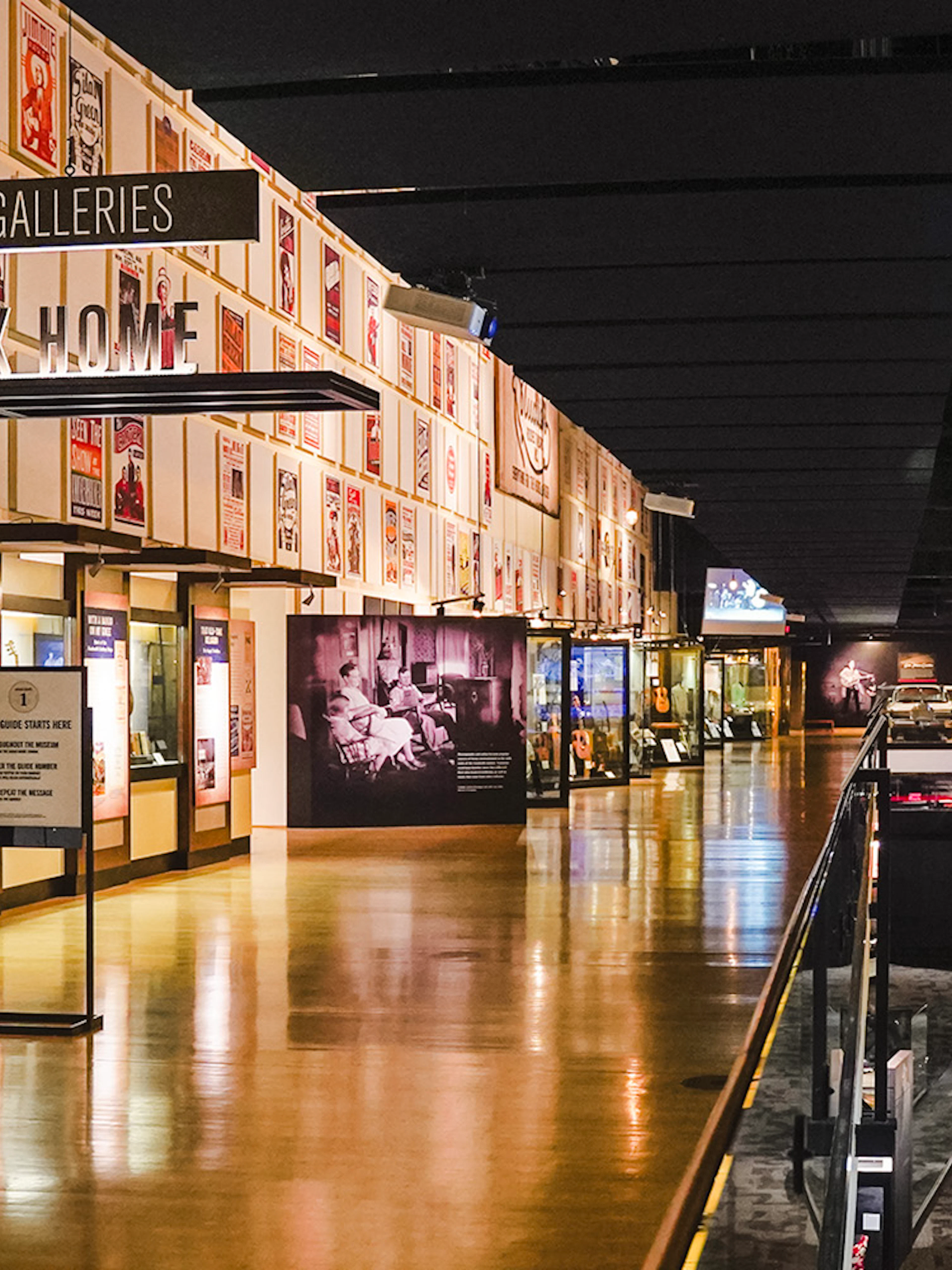 Country Music Hall of Fame gallery with exhibits and posters in Nashville.