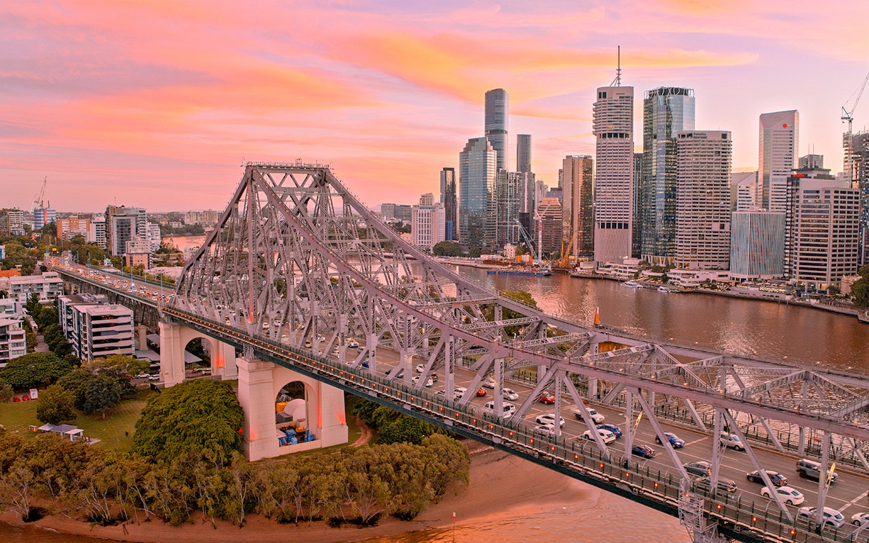 Twilight view of Story Bridge and Brisbane skyline during Adventure Climb.