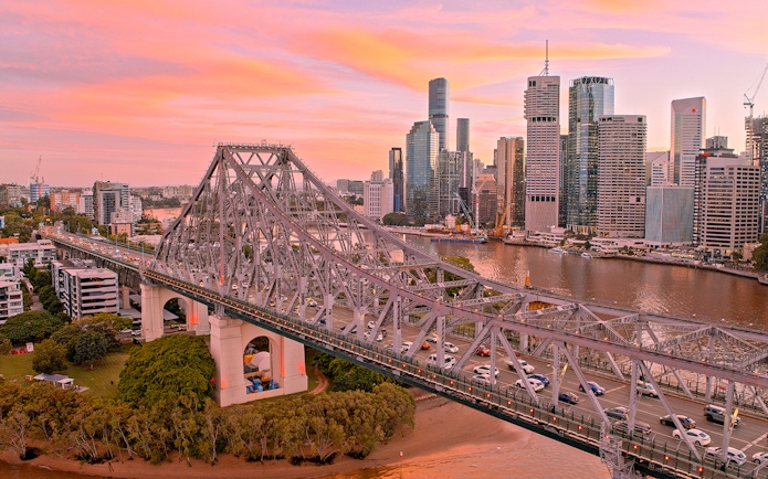 Twilight view of Story Bridge and Brisbane skyline during Adventure Climb.