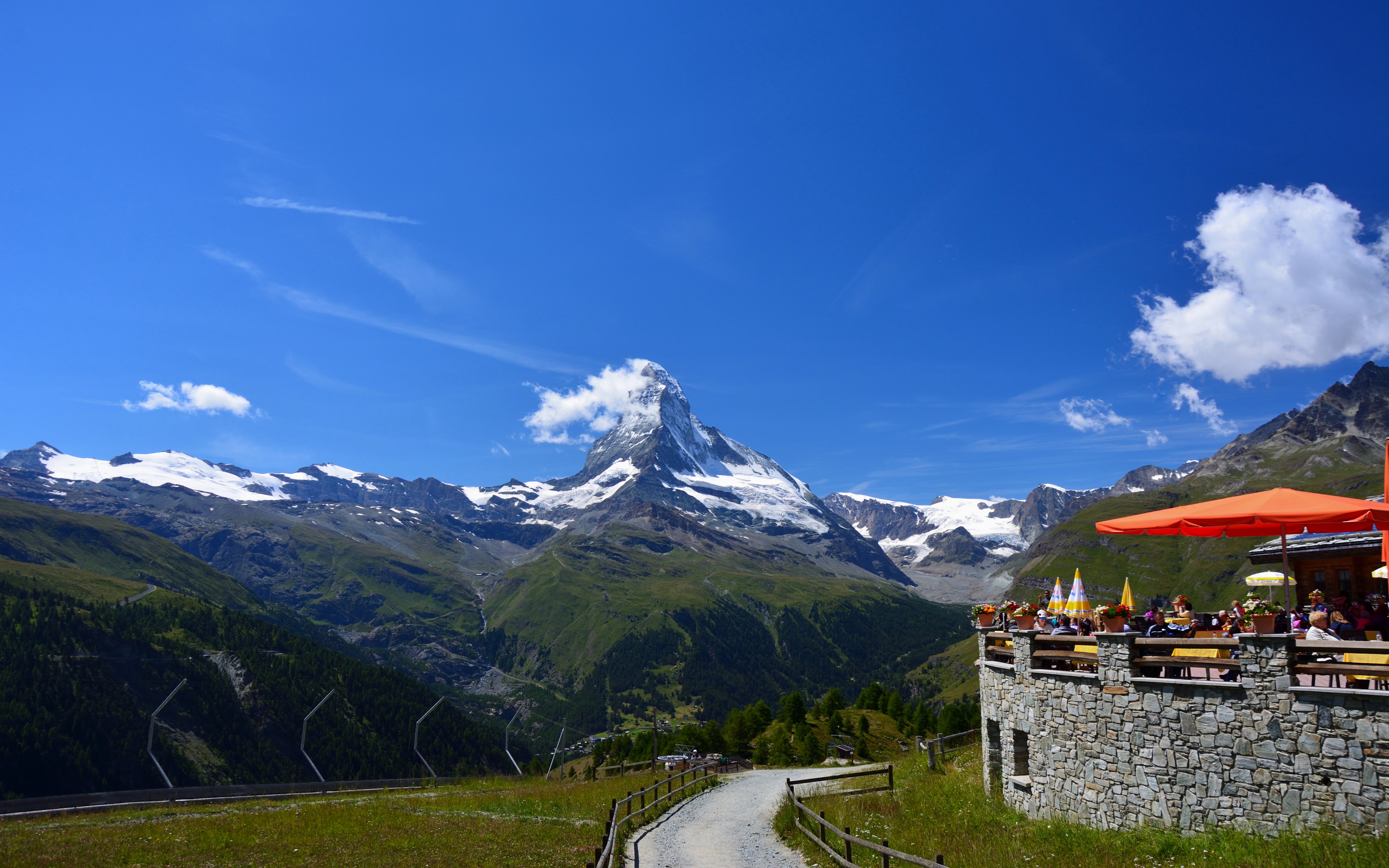 Sunnegga view of the Matterhorn with outdoor dining area, Zermatt, Switzerland.