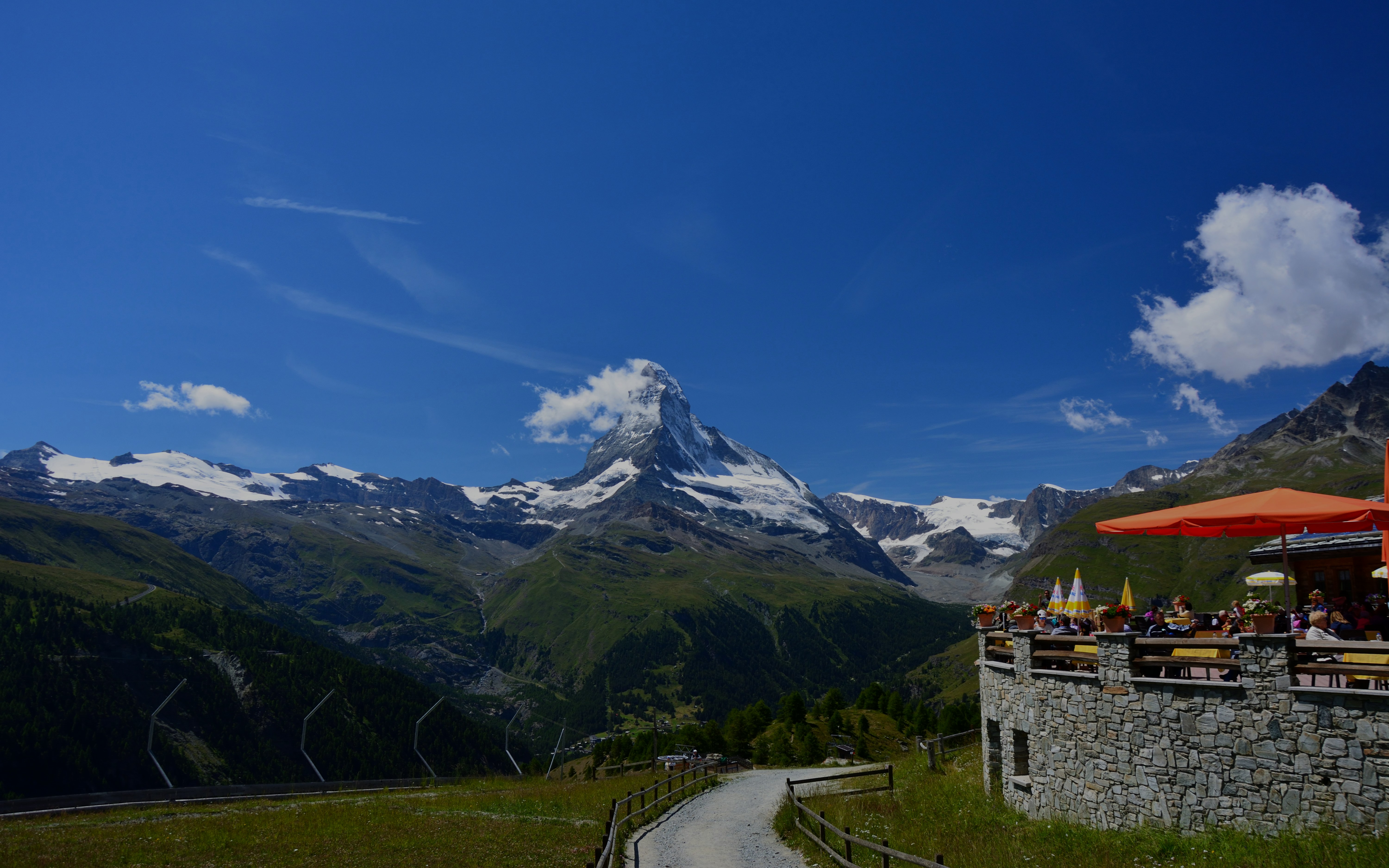 Sunnegga view of the Matterhorn with outdoor dining area, Zermatt, Switzerland.