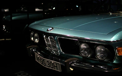 Closeup of a vintage BMW car front at the BMW Museum.