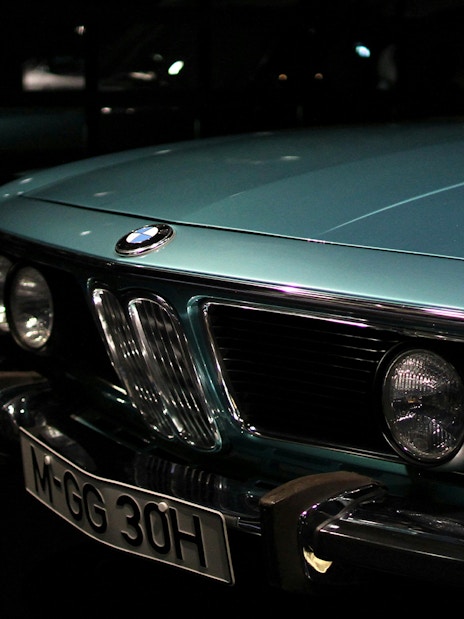 Closeup of a vintage BMW car front at the BMW Museum.