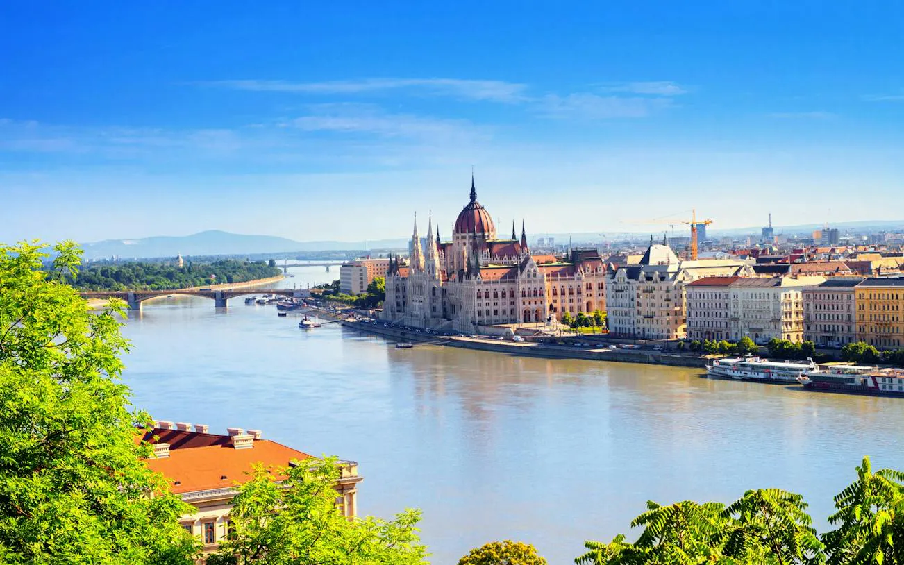 Hungarian Parliament Building along the Danube River in Budapest.
