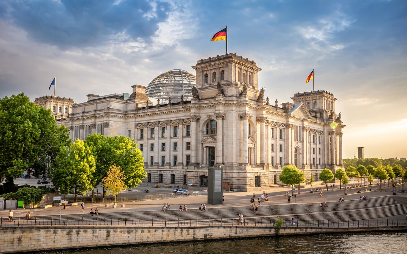 Reichstag building in Berlin during a German guided tour of the Parliament District.