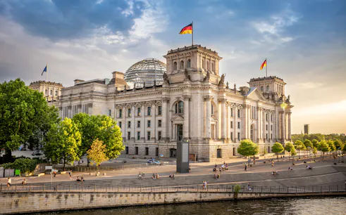 Reichstag building in Berlin during a German guided tour of the Parliament District.