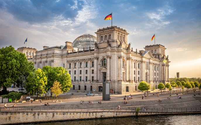 Reichstag building in Berlin during a German guided tour of the Parliament District.