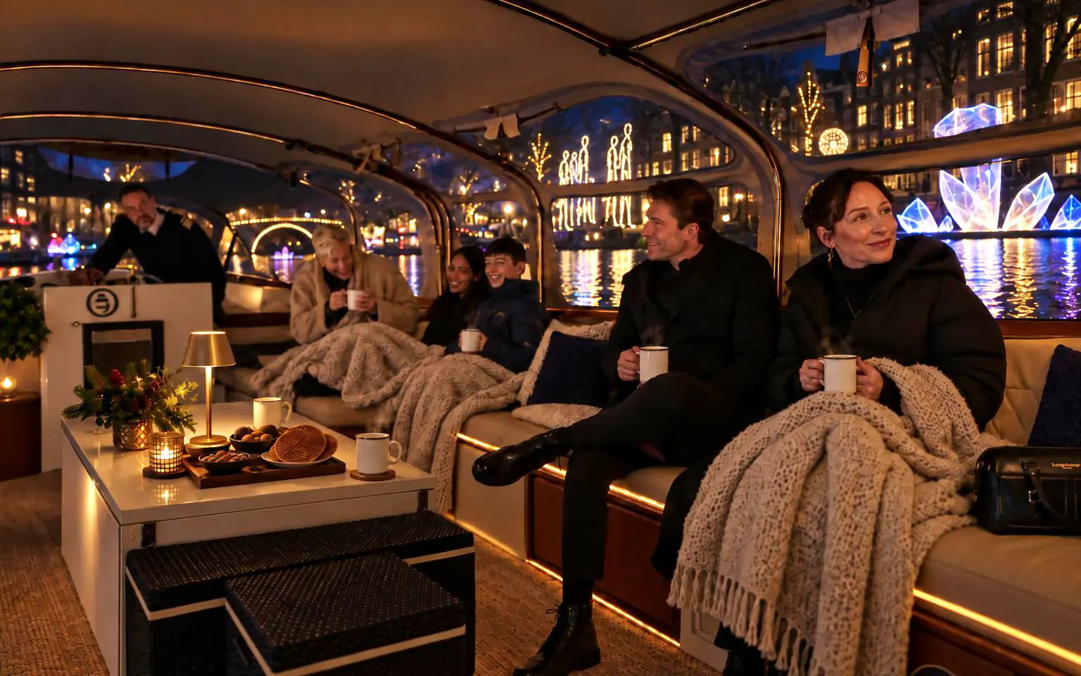 Cozy boat tour with stroopwafels during Amsterdam Light Festival.