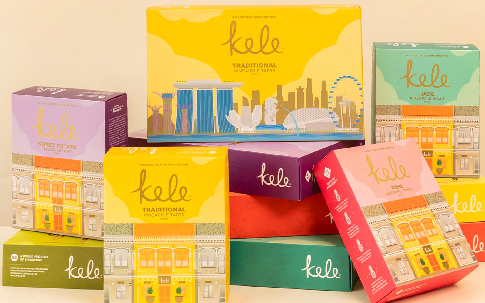 Kele pineapple tart boxes with Singapore skyline illustration.