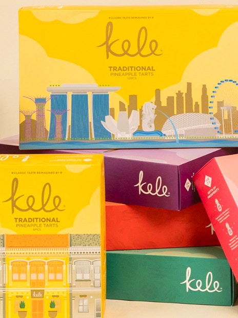 Kele pineapple tart boxes with Singapore skyline illustration.
