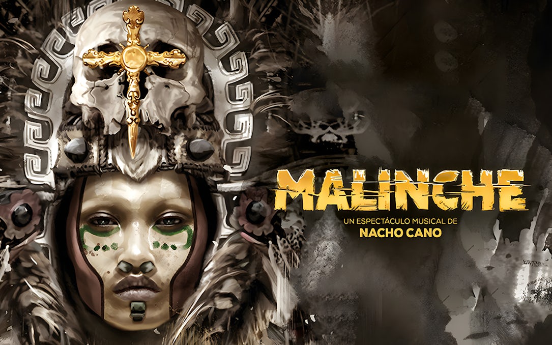Malinche musical poster featuring an ornate headdress and skull design by Nacho Cano.