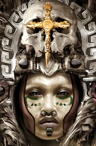 Malinche musical poster featuring an ornate headdress and skull design by Nacho Cano.