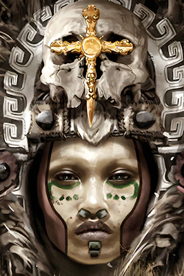 Malinche musical poster featuring an ornate headdress and skull design by Nacho Cano.