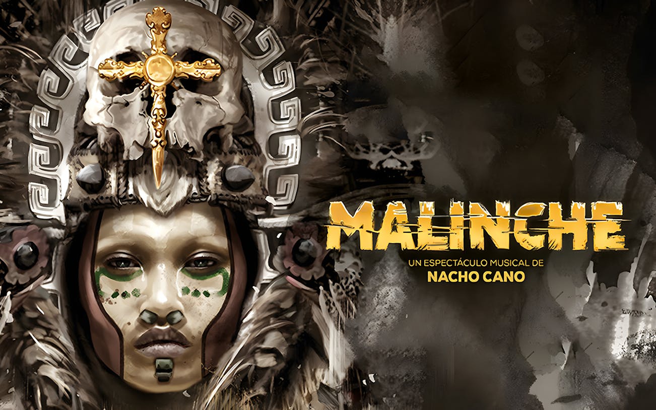 Malinche musical poster featuring an ornate headdress and skull design by Nacho Cano.