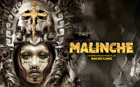 Malinche musical poster featuring an ornate headdress and skull design by Nacho Cano.