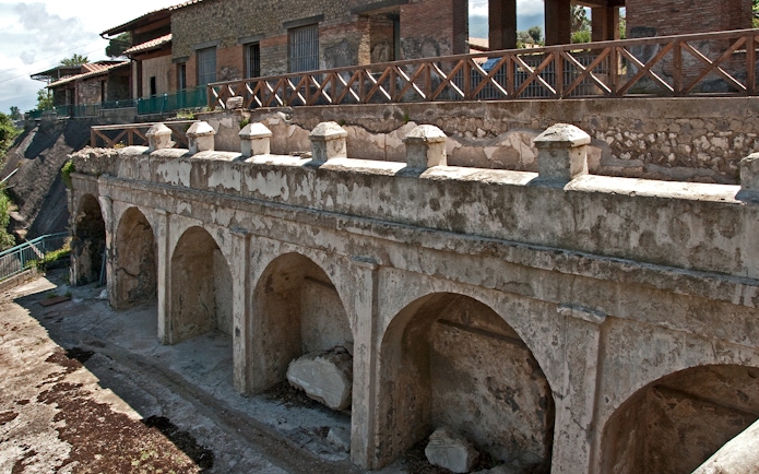 Villa Arianna Pompeii ancient arches and stone structure.