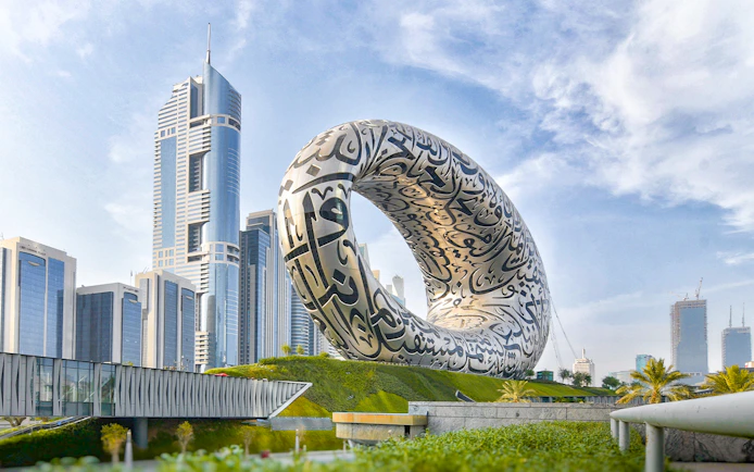 Museum of the Future in Dubai with Arabic calligraphy on its facade.