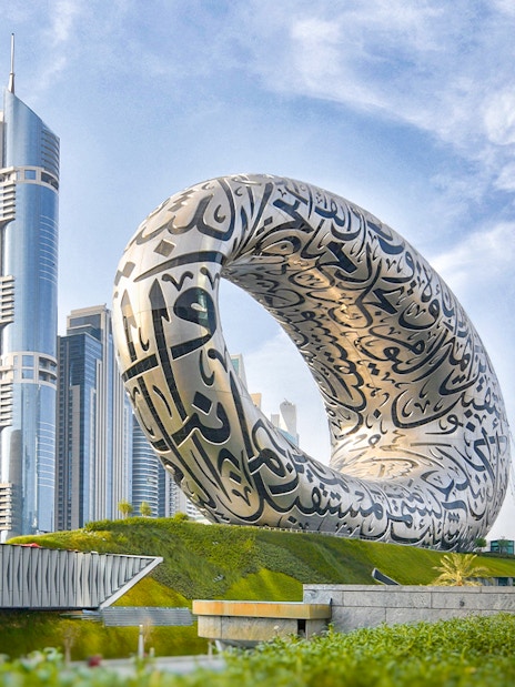 Museum of the Future in Dubai with Arabic calligraphy on its facade.