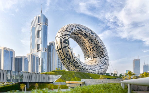 Museum of the Future in Dubai with Arabic calligraphy on its facade.